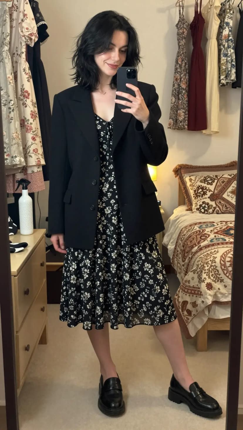 Black Blazer + Black Floral Print Midi Dress + Black Leather Loafers
