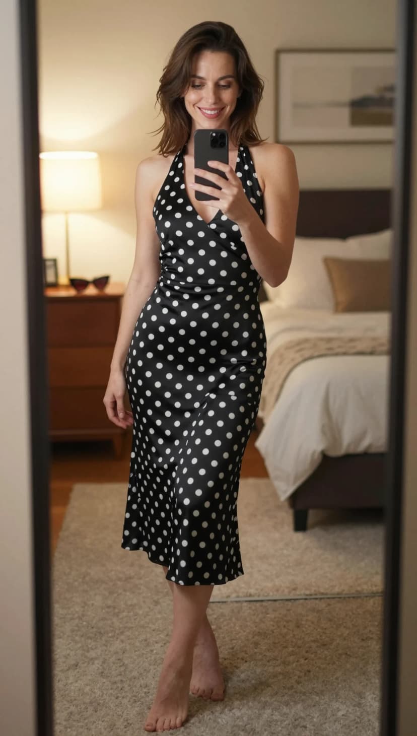 Black Polka Dot Satin Halter Dress