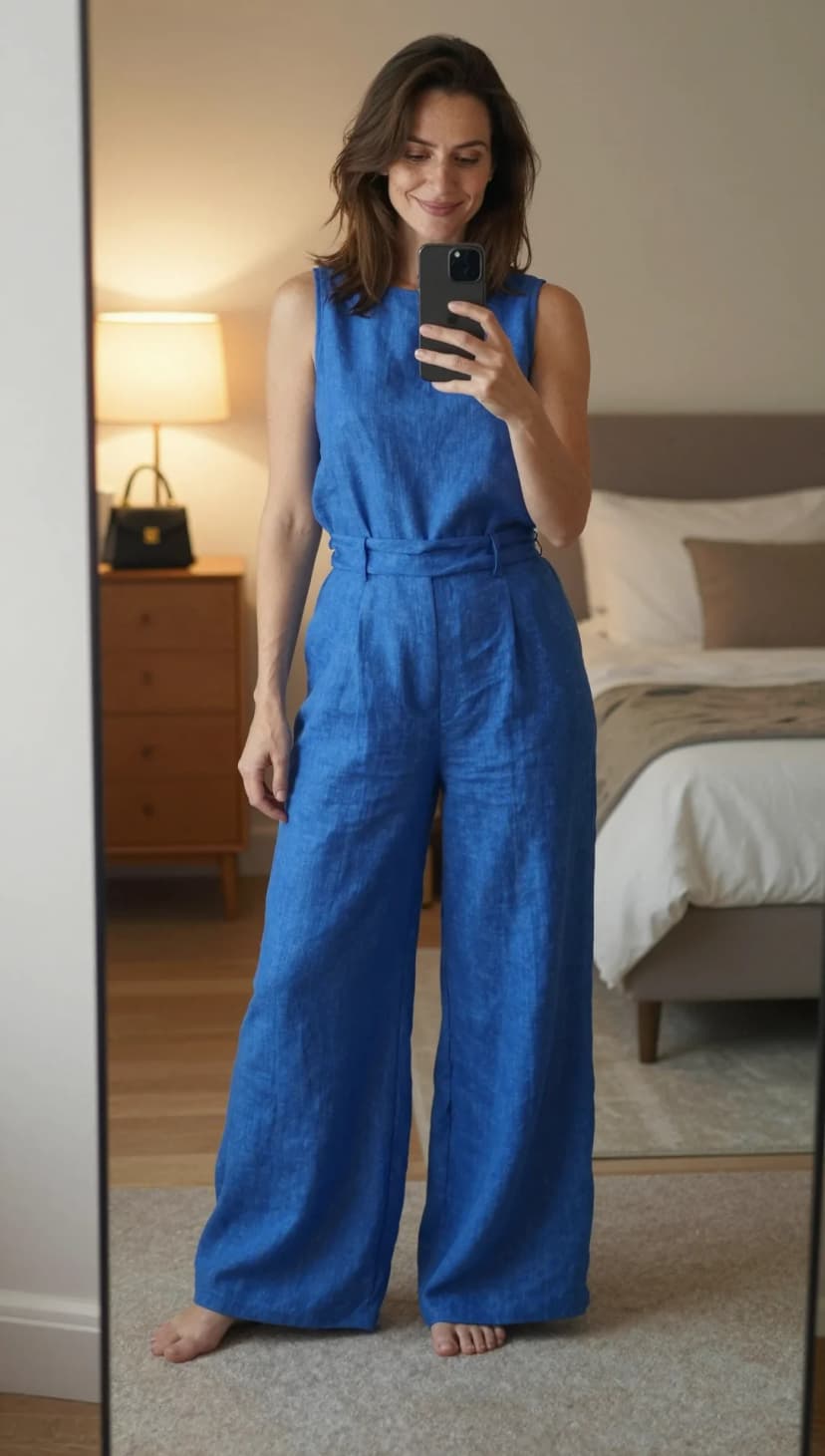 Blue Linen Sleeveless Top + Matching Wide-Leg Pants