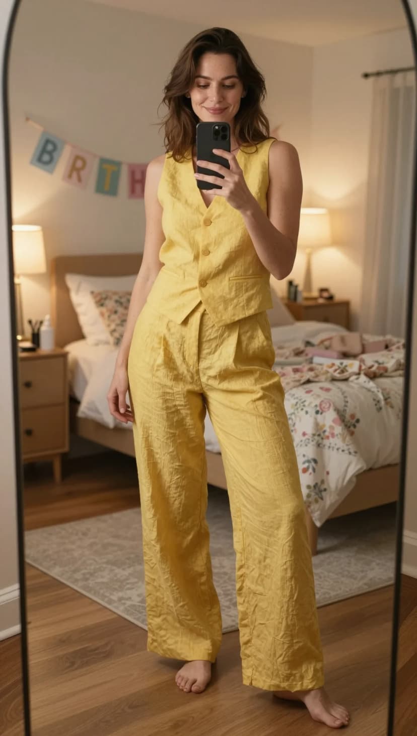 Yellow Linen Vest + Matching Wide-Leg Trousers