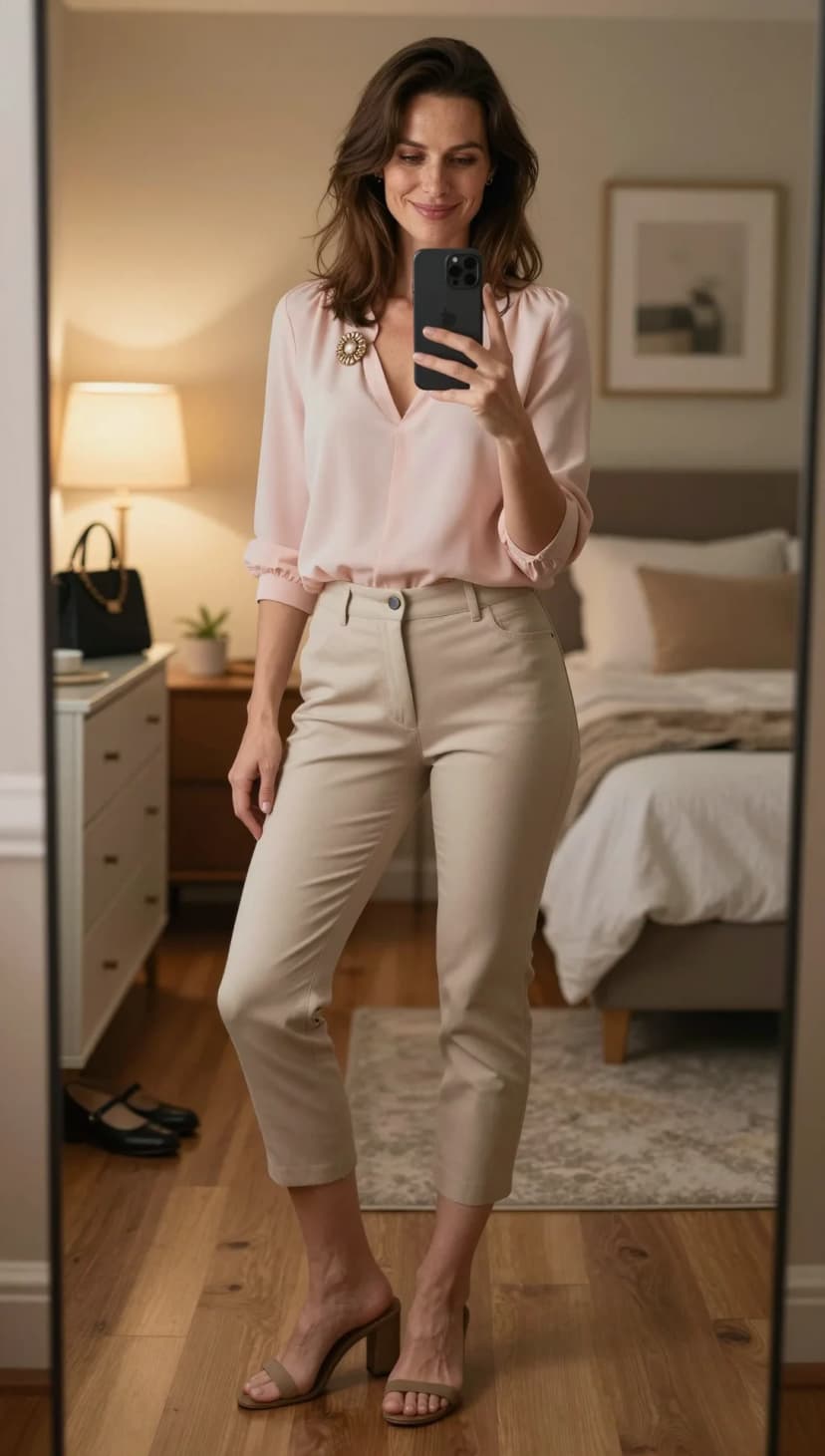 Pink Chiffon Blouse + Beige Cotton Trousers + Nude Block Heels
