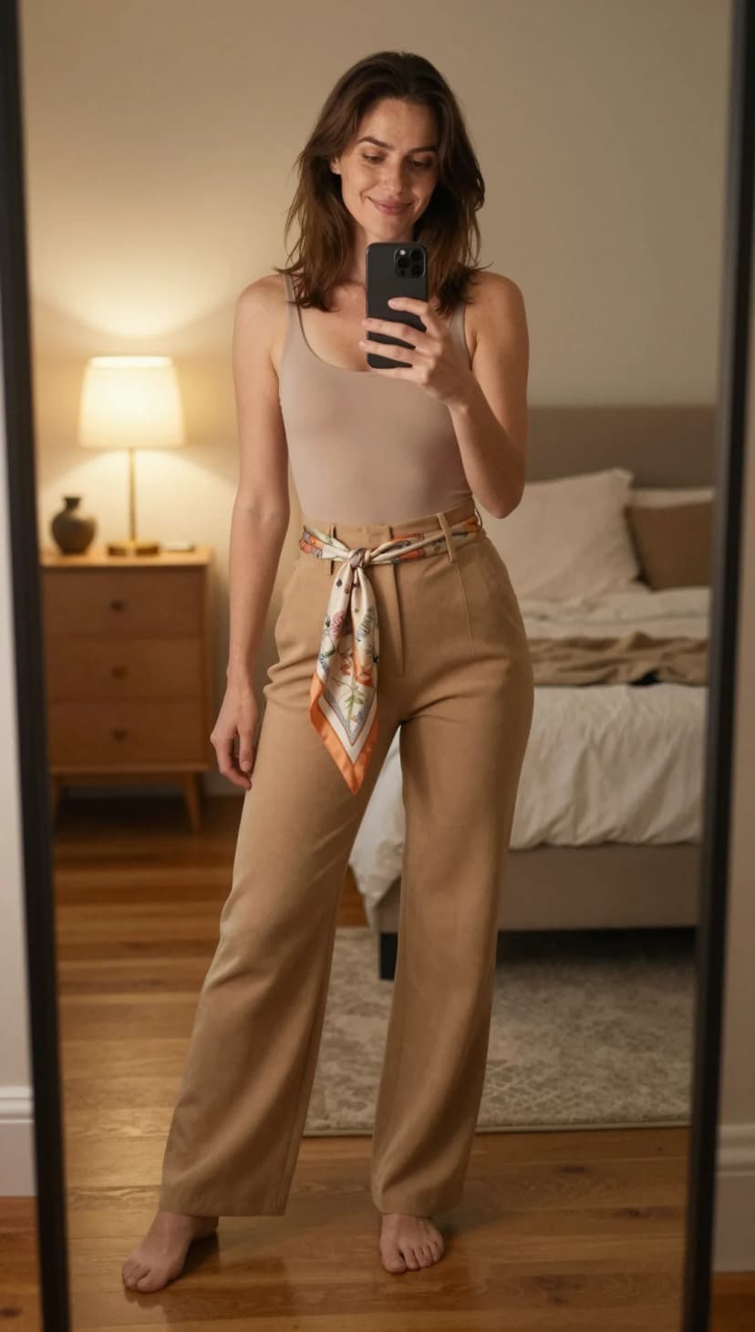 Nude Ribbed Tank + Tan Wide-Leg Trousers + Silk Scarf Belt