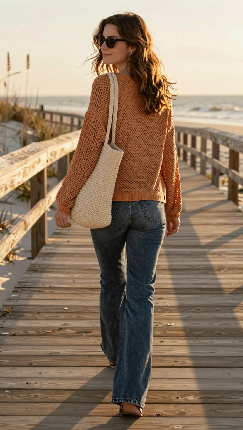 Orange Crochet Sweater + Medium Wash Flare Jeans + Natural Woven Tote Bag + Brown Flat Sandals