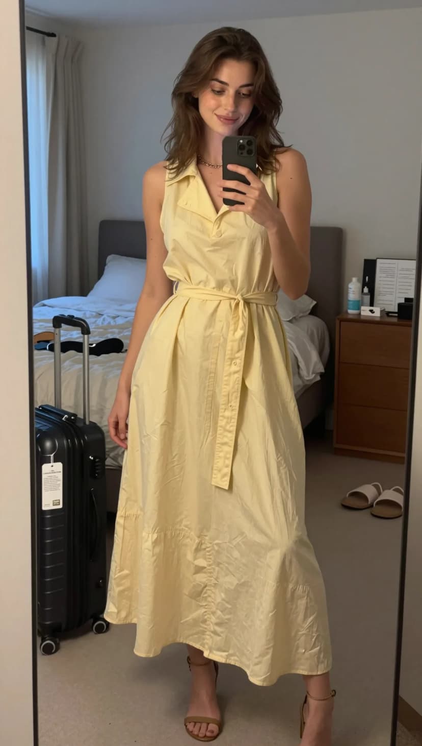 Yellow Poplin Midi Dress + Tan Strappy Heels