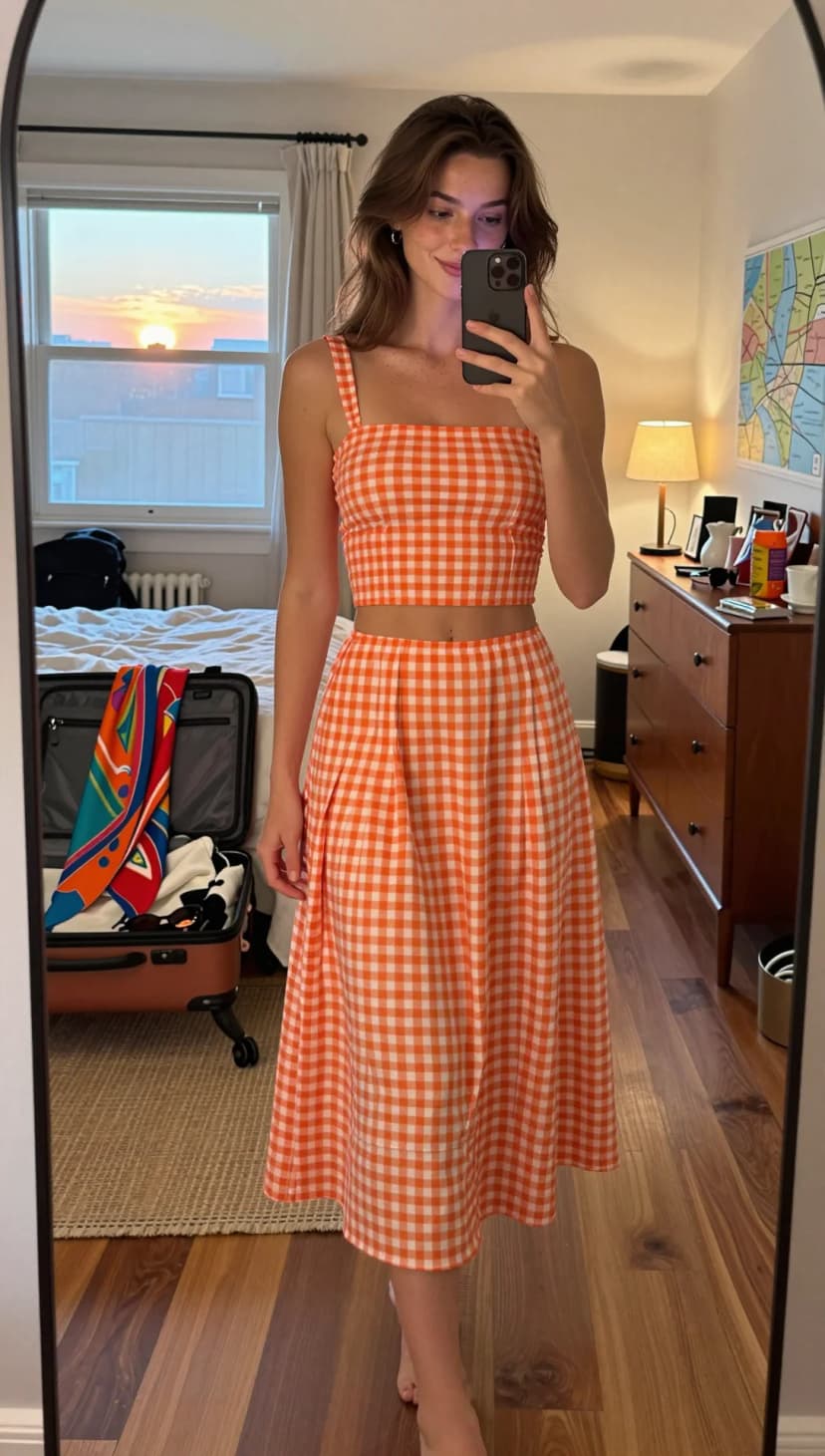 Orange Gingham Crop Top + Orange Gingham Midi Skirt