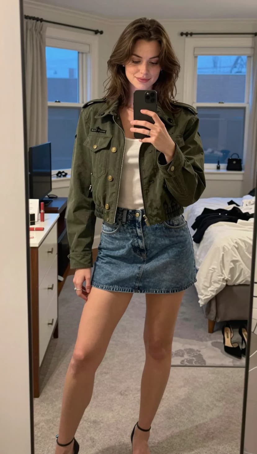 Olive Cotton Utility Jacket + White Tank Top + Acid Wash Denim Mini Skirt + Black Strappy Heels