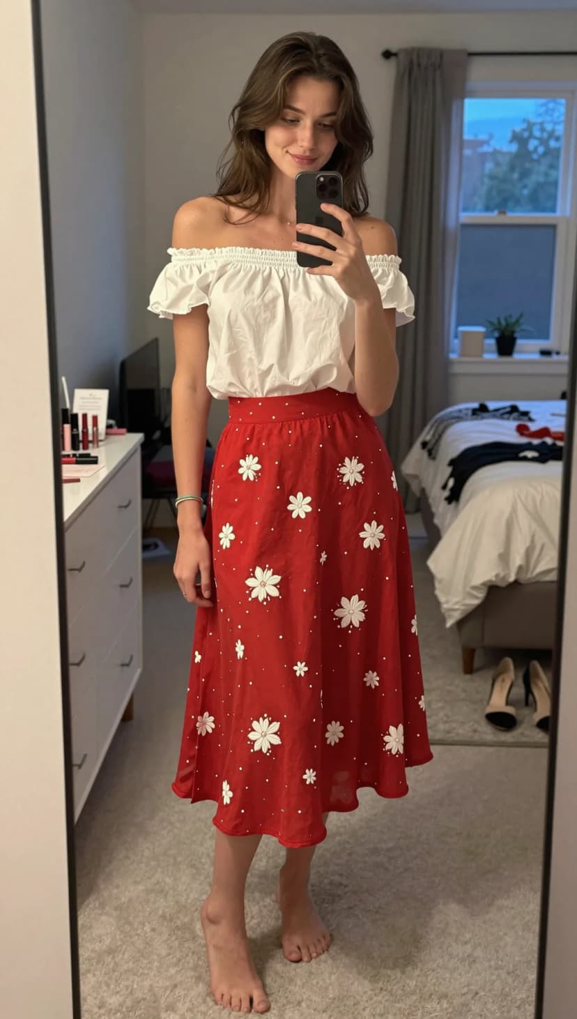 White Cotton Off-The-Shoulder Top + Red Floral Midi Skirt