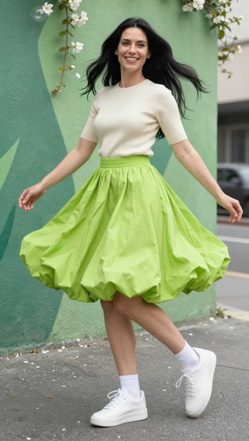 Cream Ribbed Knit Top + Lime Green Balloon Skirt + White Leather Sneakers