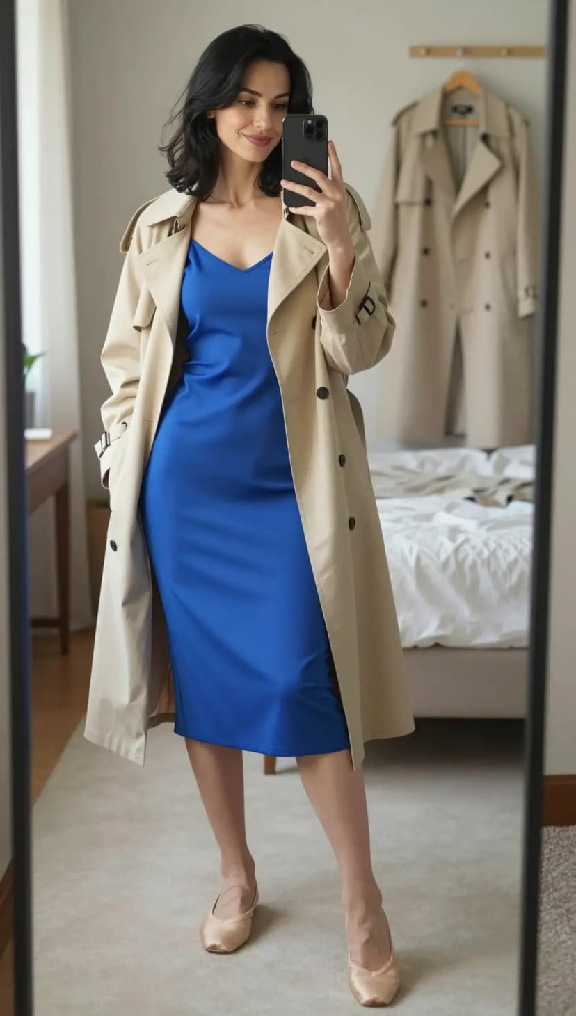 Blue Satin Slip Dress + Beige Cotton Trench Coat + Nude Satin Ballet Flats