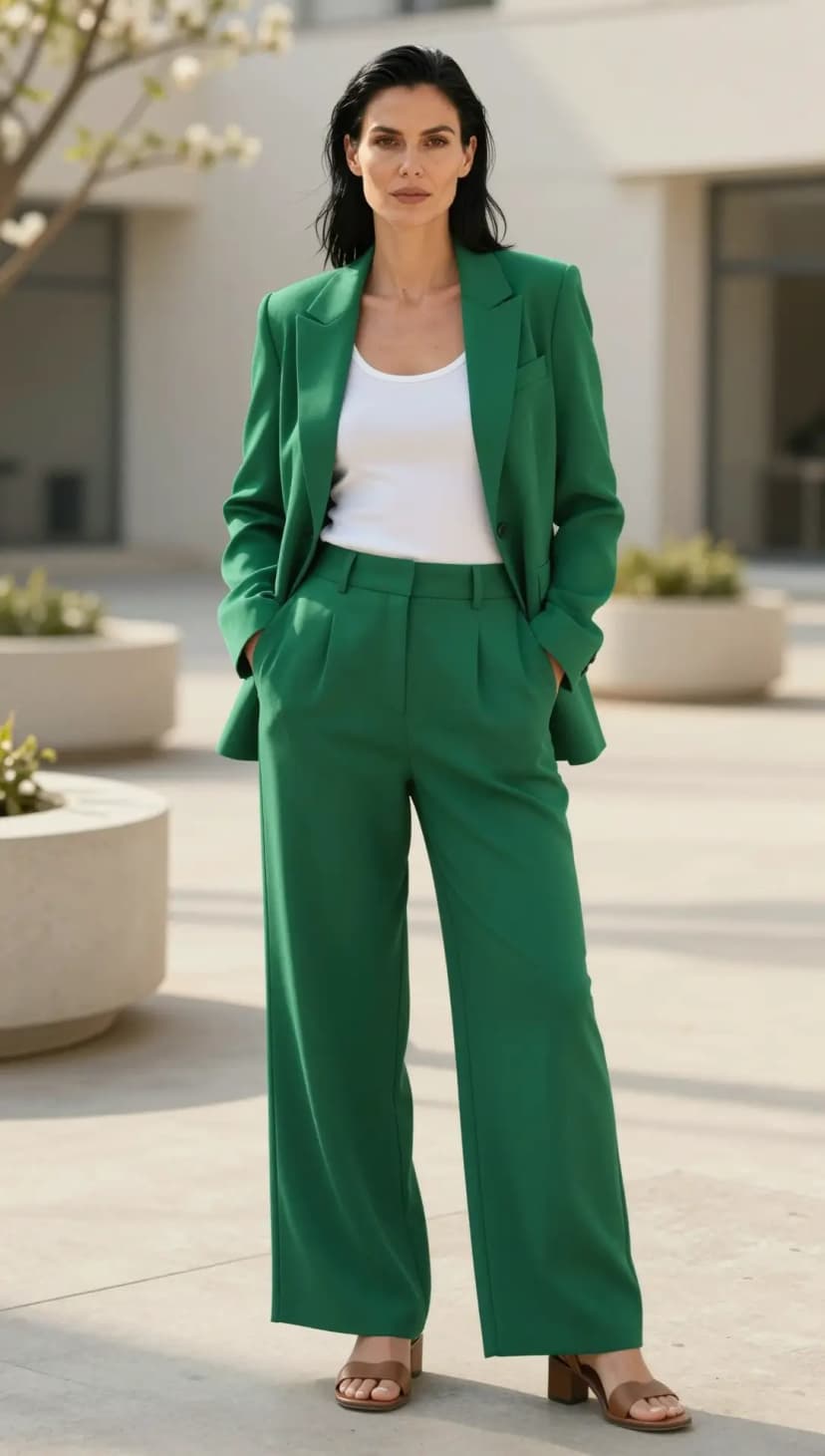 Green Wool Blazer + White Ribbed Tank Top + Green Wide-Leg Trousers