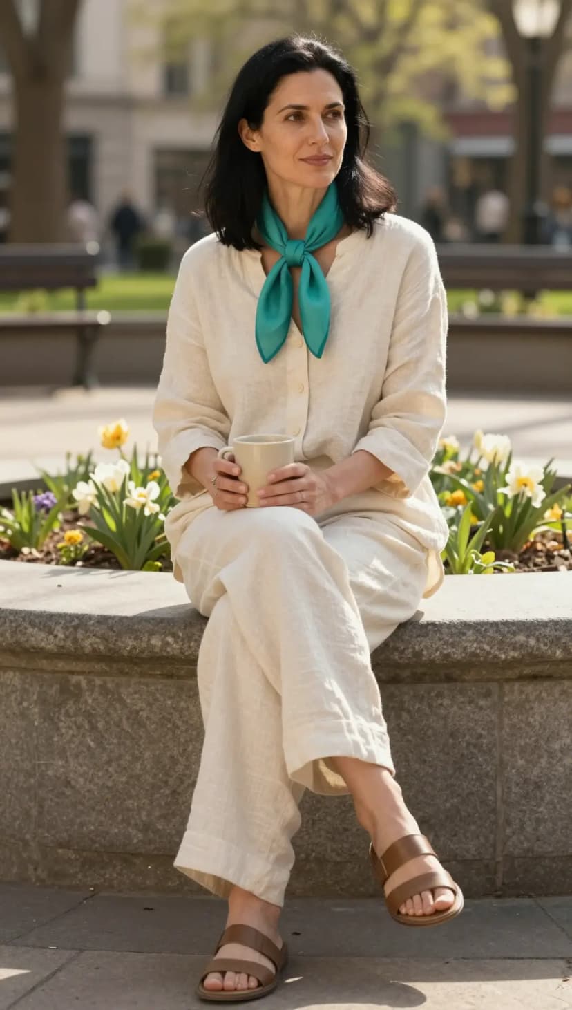 Cream Linen Button-Up Top + Cream Linen Wide-Leg Trousers + Brown Leather Slides + Teal Silk Scarf