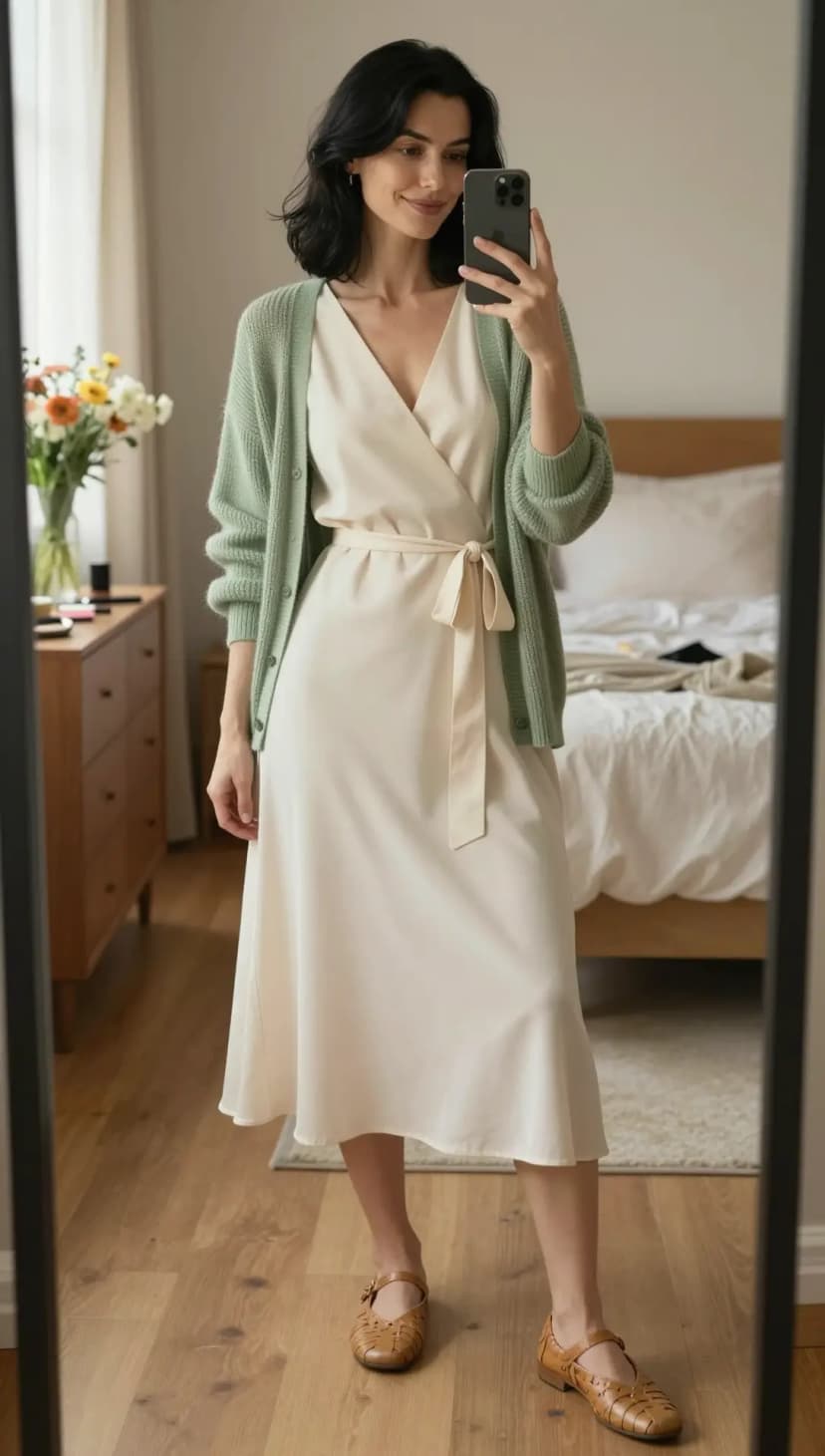 Cream Satin Wrap Dress + Sage Green Knit Cardigan + Tan Leather Flats