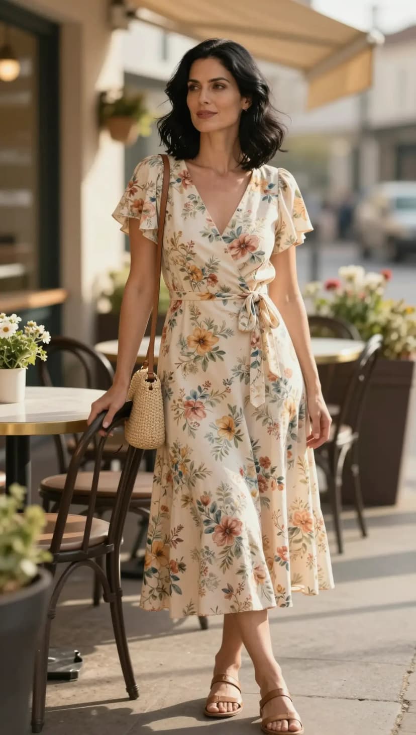 Cream Floral Print Chiffon Wrap Midi Dress + Tan Leather Flat Sandals + Straw Woven Crossbody Bag