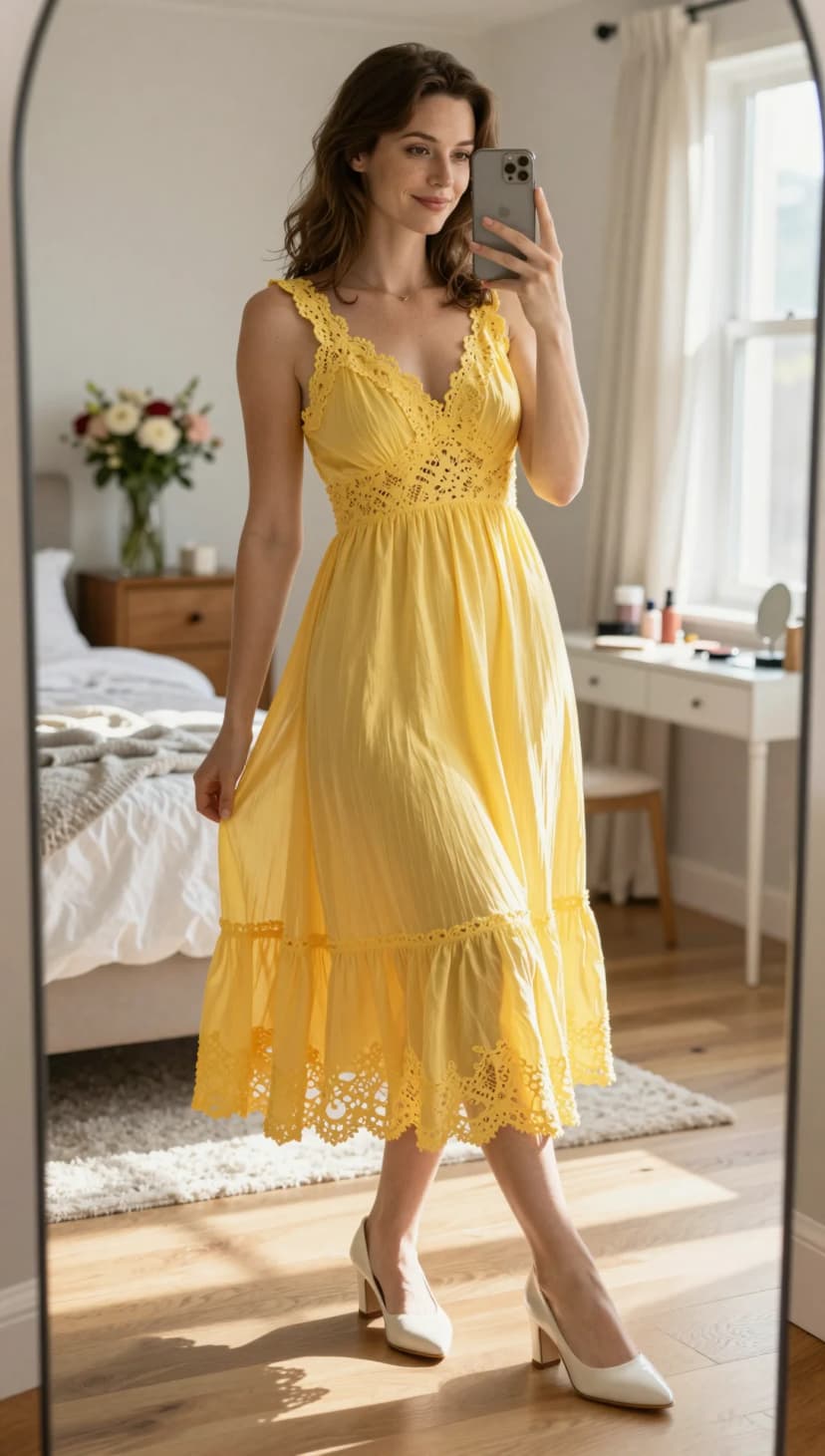 Yellow Cotton Lace Midi Dress + White Block Heel Pumps