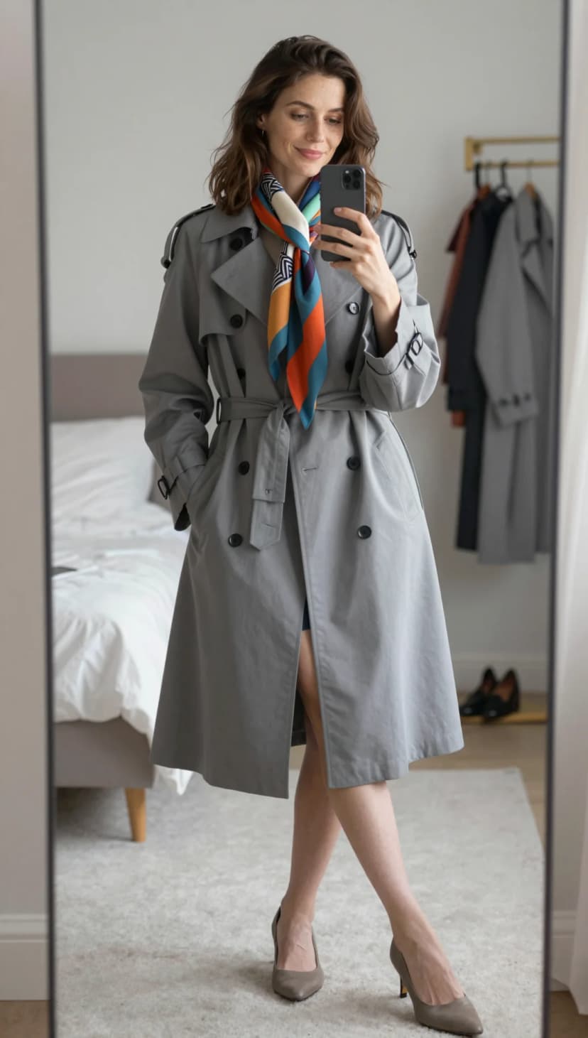Grey Cotton Trench Coat + Colorful Silk Scarf + Navy Blue Mini Dress