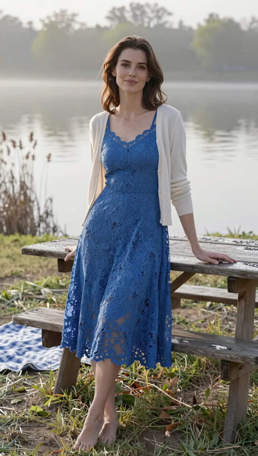 Blue Lace Midi Dress + Cream Knit Cardigan