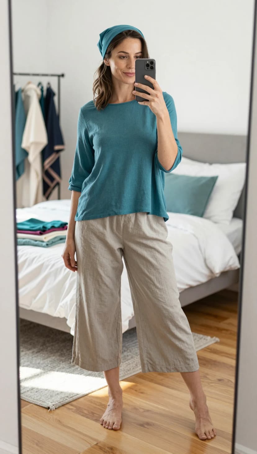 Teal Linen Blouse + Beige Linen Culottes