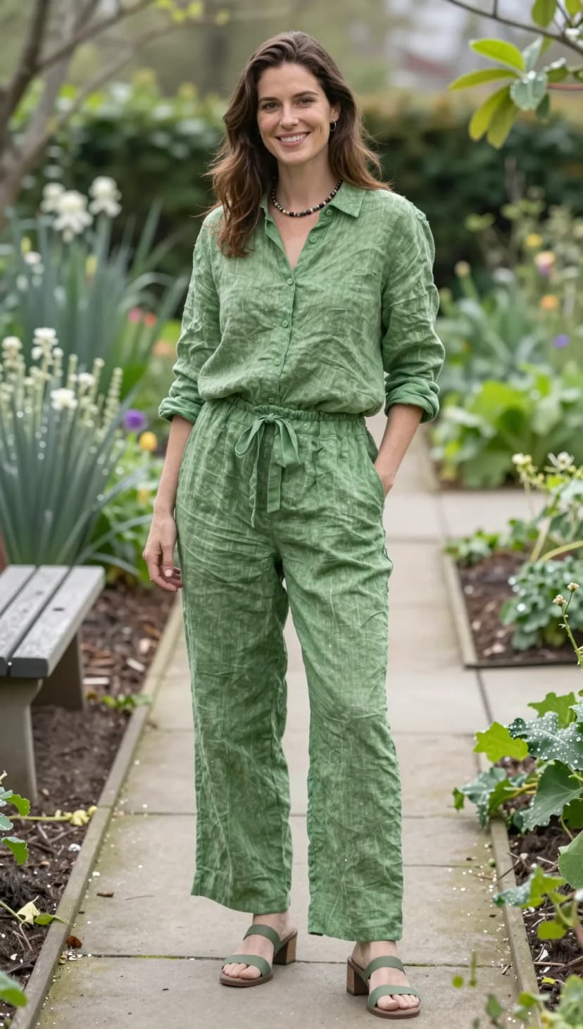 Green Linen Striped Jumpsuit + Olive Block Heel Mules