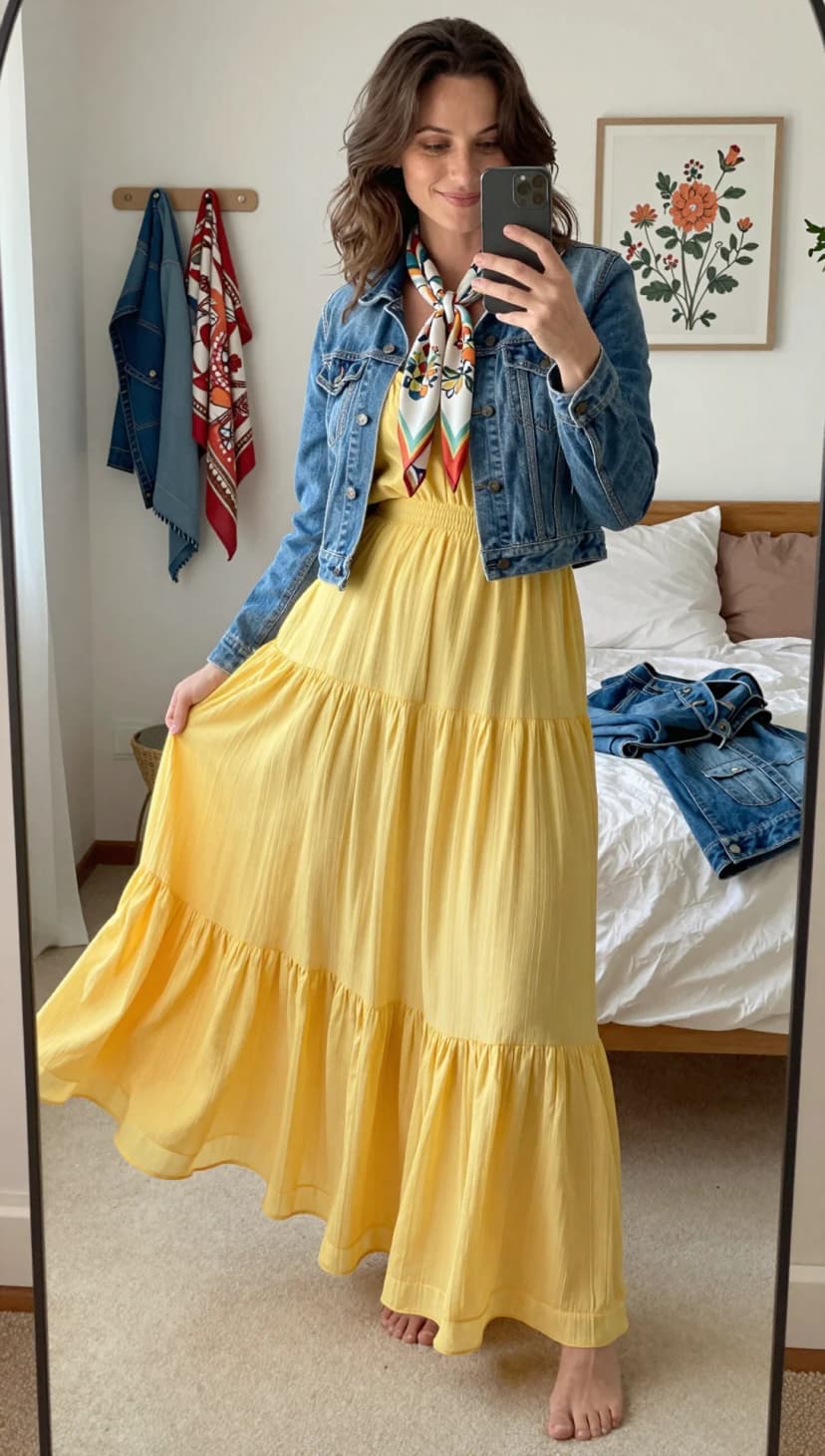 Yellow Tiered Maxi Dress + Blue Denim Jacket + Printed Silk Scarf