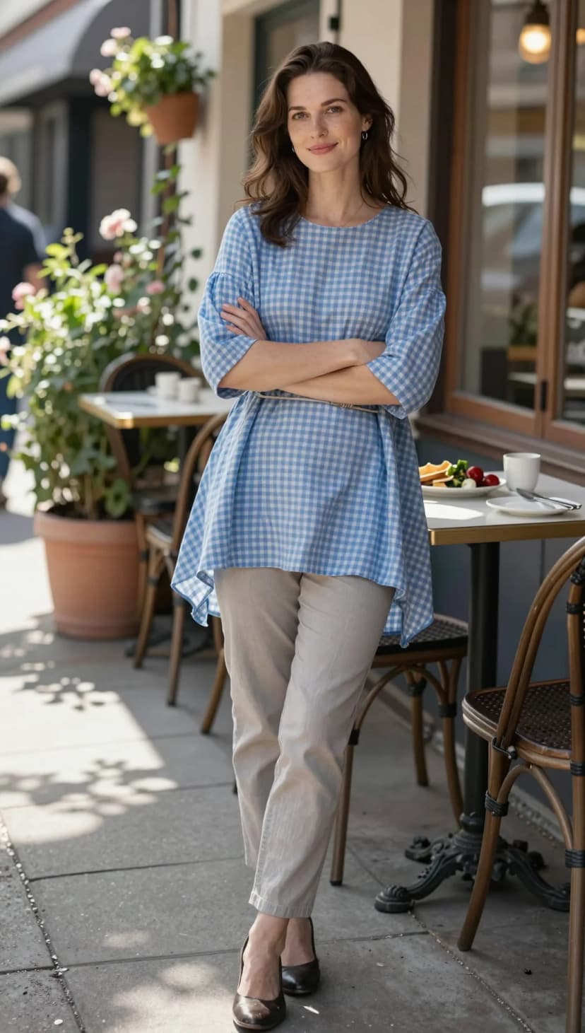 Blue Gingham Tunic Top + Beige Linen Trousers + Brown Leather Heels