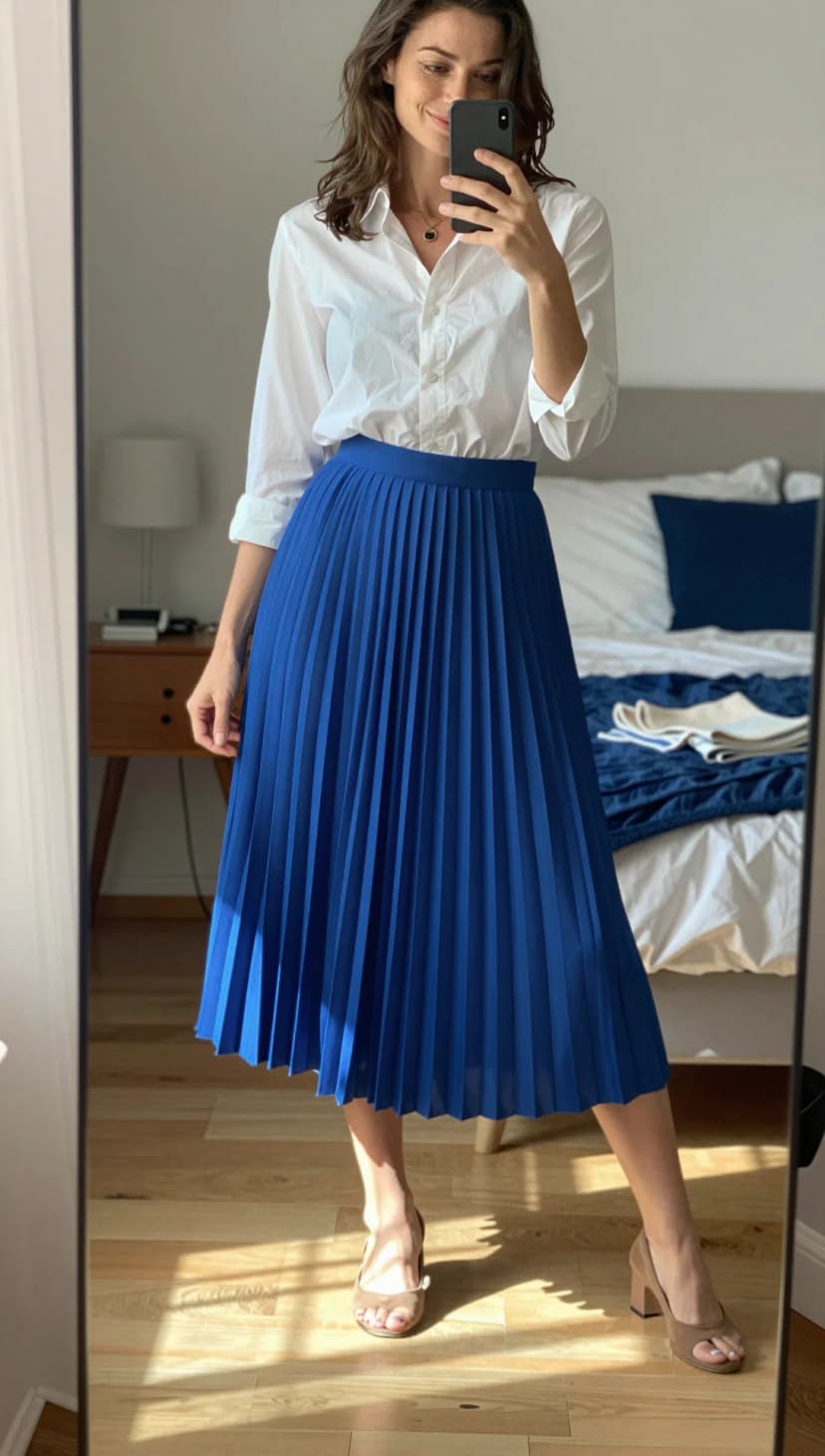 White Button-Down Shirt + Royal Blue Pleated Midi Skirt + Taupe Block Heel Sandals