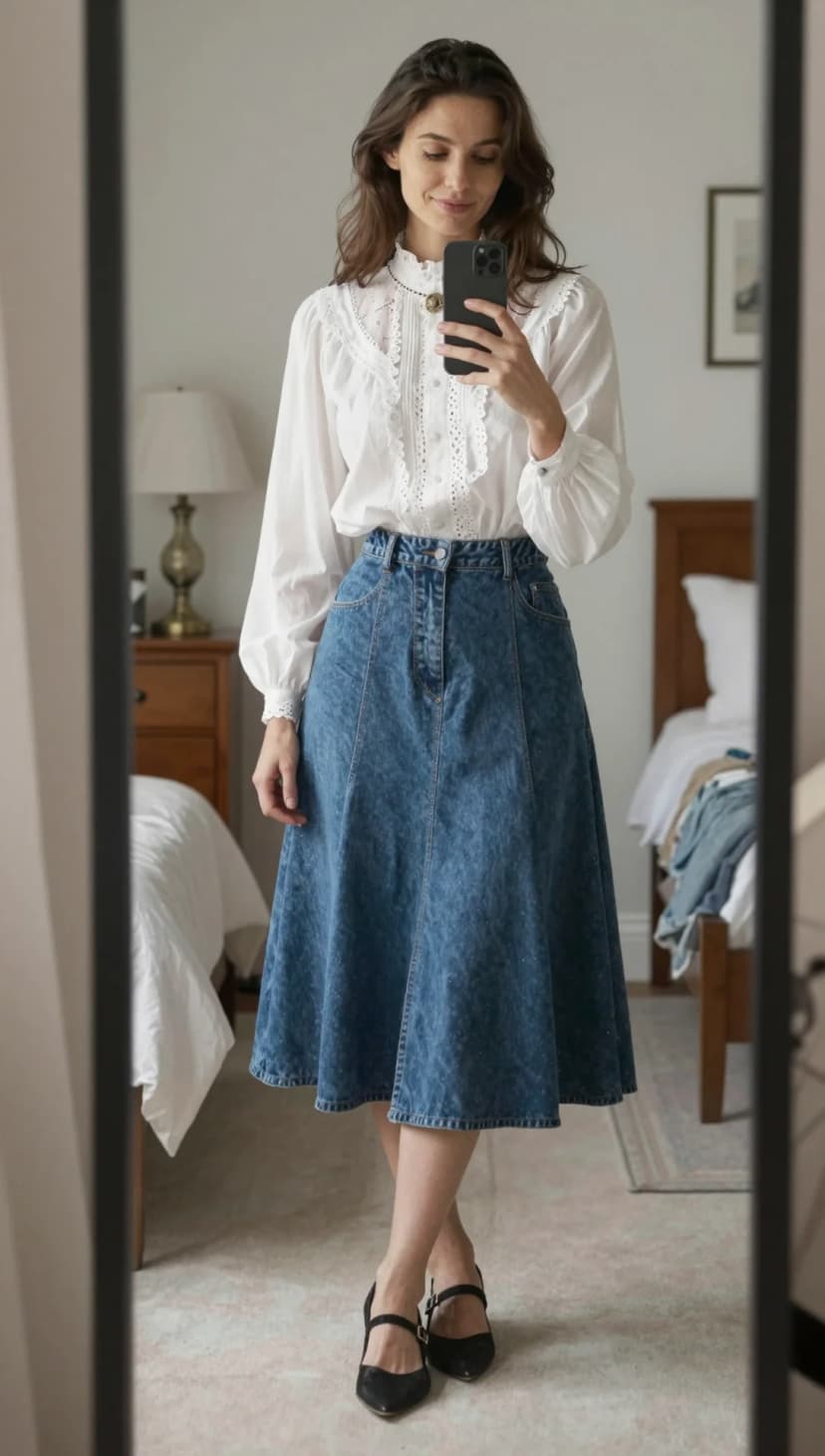 White Broderie Anglaise Blouse + Blue Denim Midi Skirt + Black Mary Jane Heels