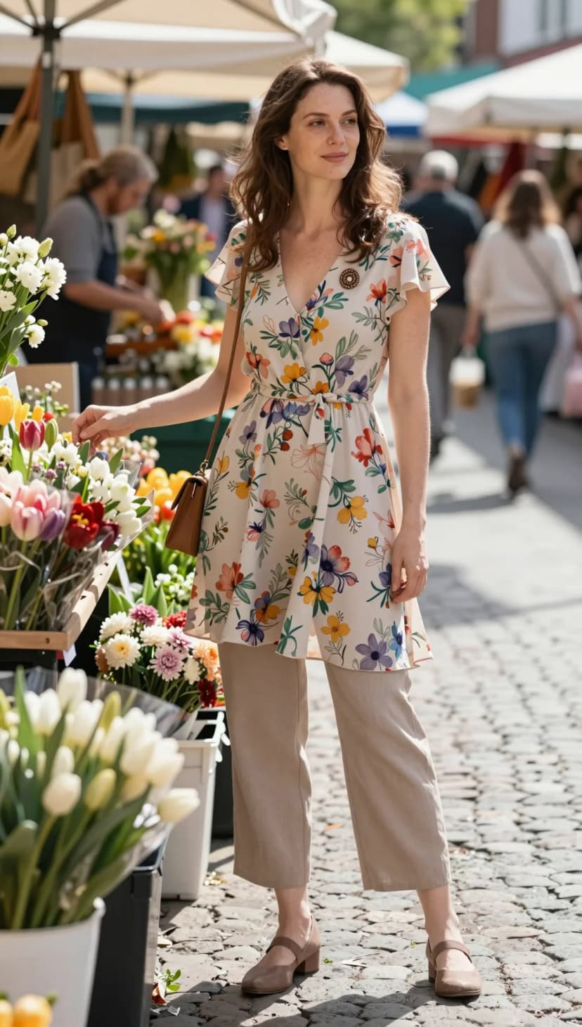 Cream Floral Print Mini Dress + Beige Linen Trousers + Taupe Mary Jane Heels