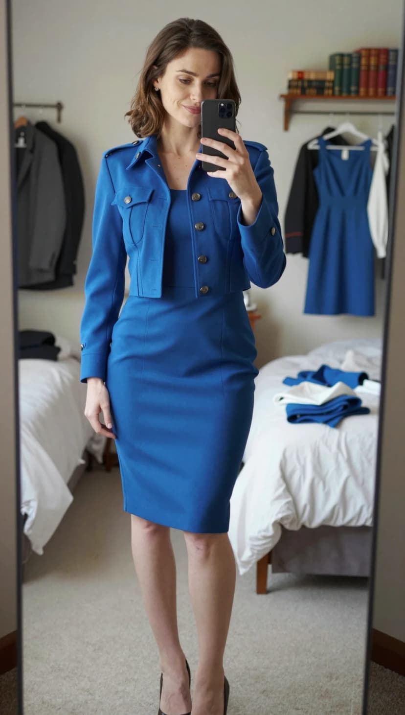 Royal Blue Wool Jacket + Royal Blue Wool Sheath Dress + Black Pointed Toe Heels