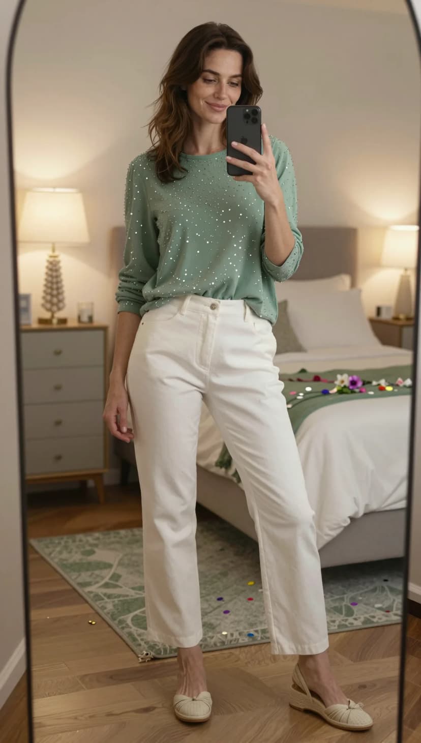 Sage Sequin Long Sleeve Top + White Wide Leg Jeans + Beige Espadrille Flats