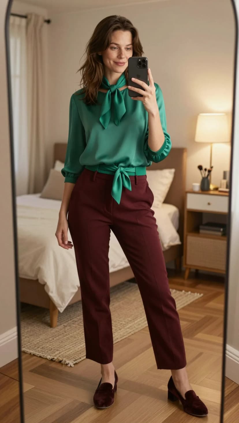 Teal Satin Bow Blouse + Burgundy Tailored Trousers + Burgundy Velvet Loafers