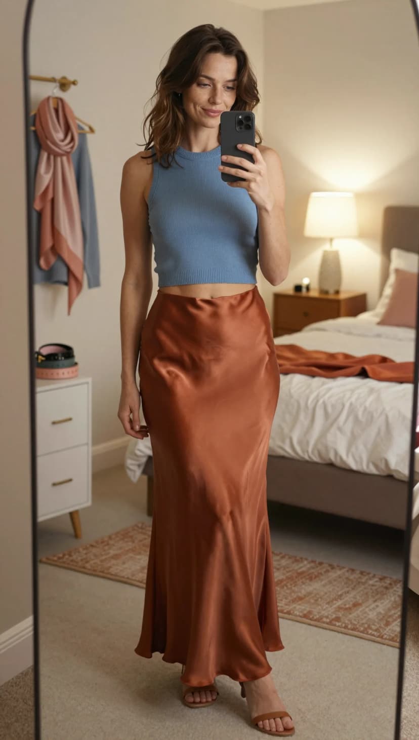 Blue Ribbed Knit Tank + Rust Satin Maxi Skirt + Tan Slide Sandals