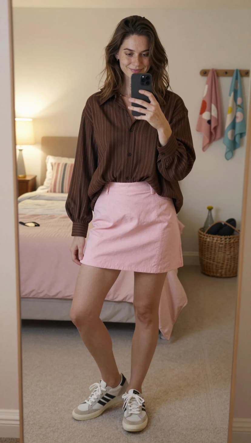 Brown Pinstripe Button-Down Shirt + Pink Cotton Mini Skirt + White and Black Sneakers