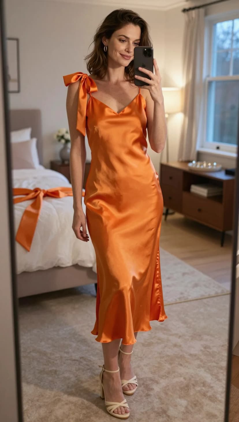 Orange Satin Slip Dress + Cream Strappy Heels