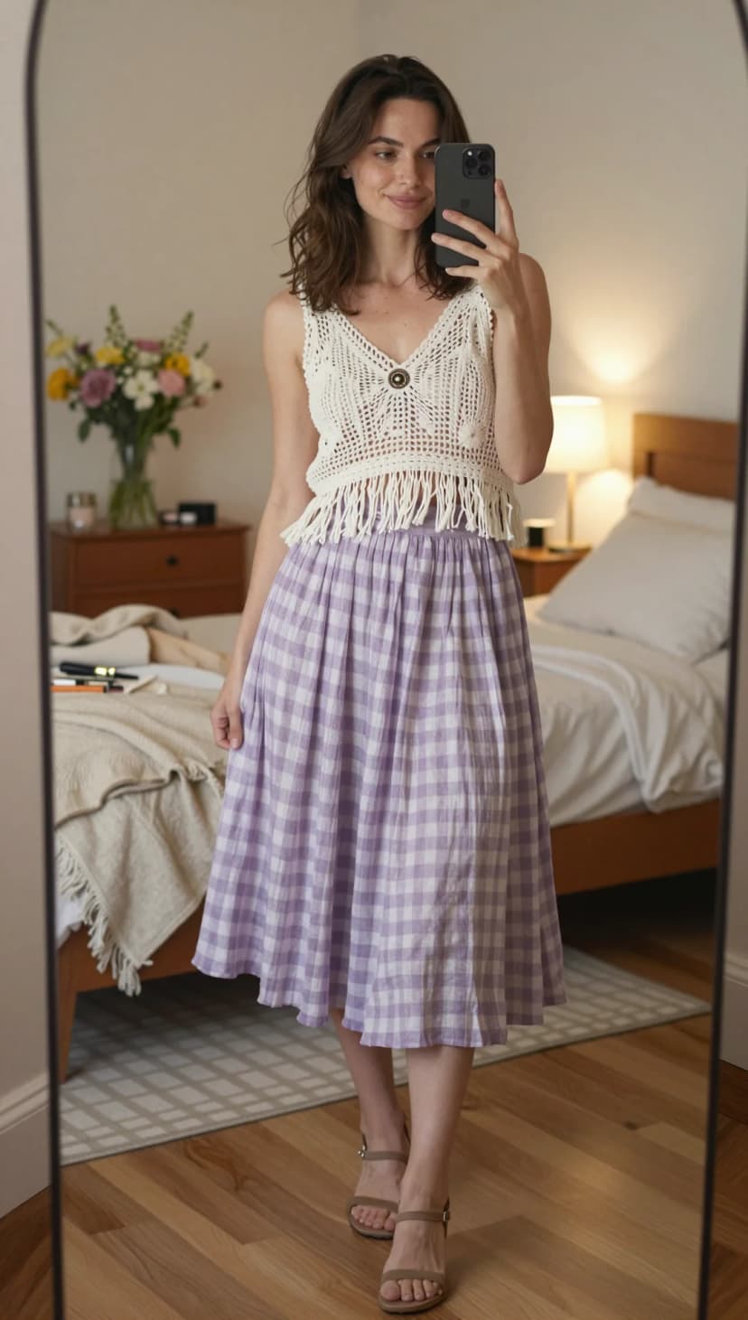 White Crochet Crop Top + Lavender Gingham Midi Skirt + Tan Block Heel Sandals