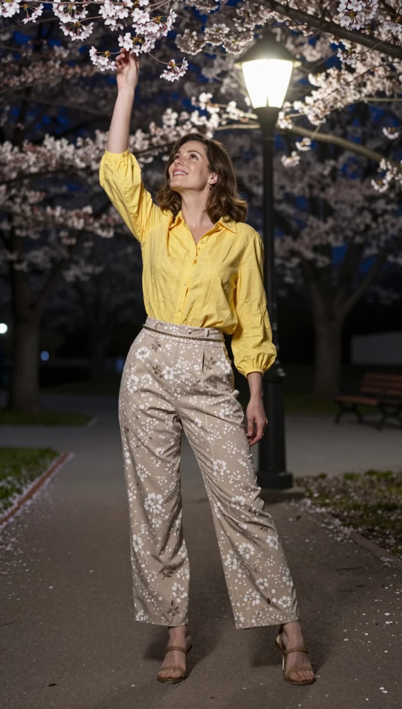 Yellow Eyelet Blouse + Floral Print Wide-Leg Trousers + Gold Strappy Heels