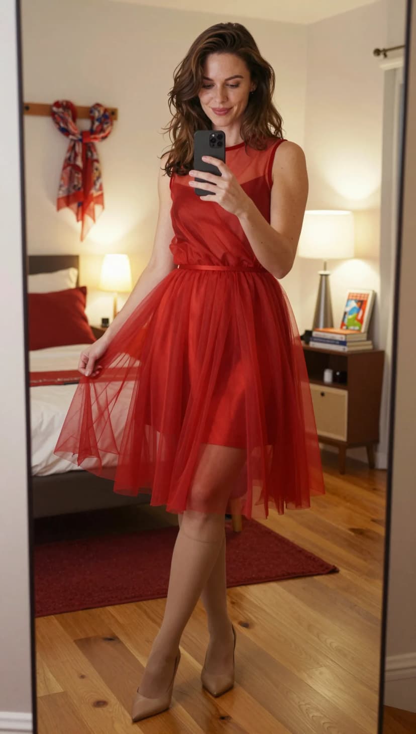 Red Tulle Mini Dress + Nude Pointed-Toe Pumps + Nude Sheer Tights