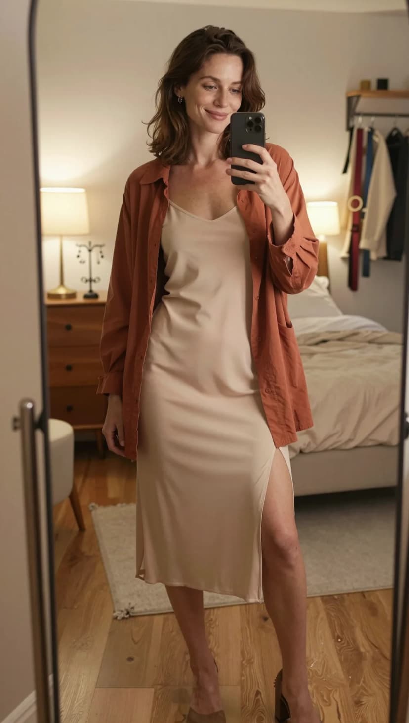 Rust Linen Button-Down Shirt + Cream Silk Slip Dress + Tan Suede Block Heels