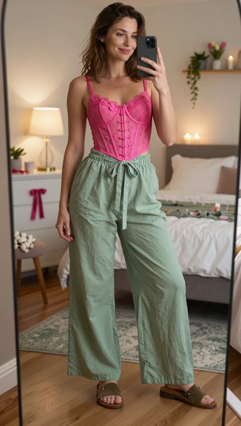Hot Pink Lace Corset + Sage Green Linen Wide-Leg Pants + Olive Suede Slide Sandals