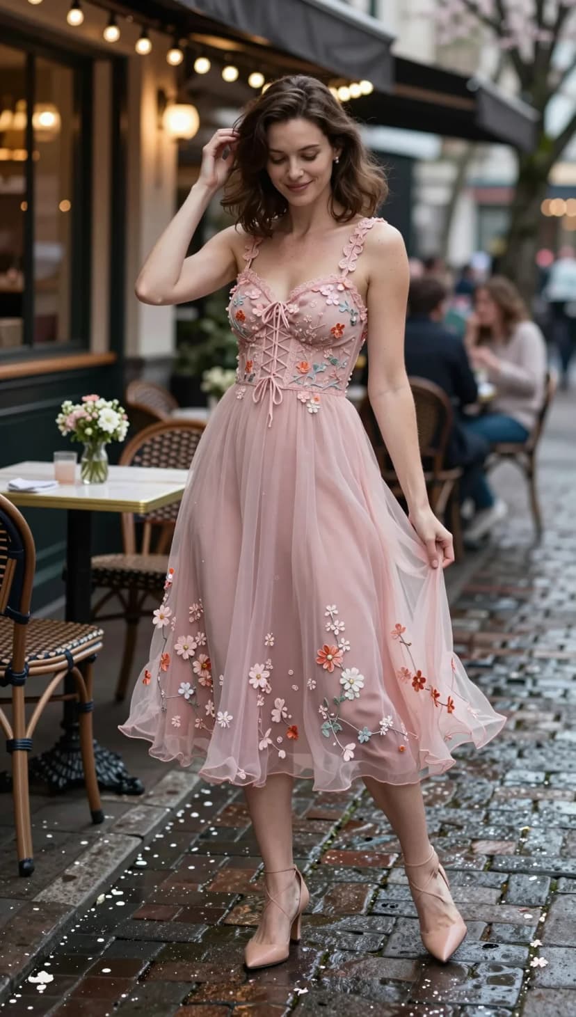 Pink Tulle Corset Dress + Nude Pointed Heels