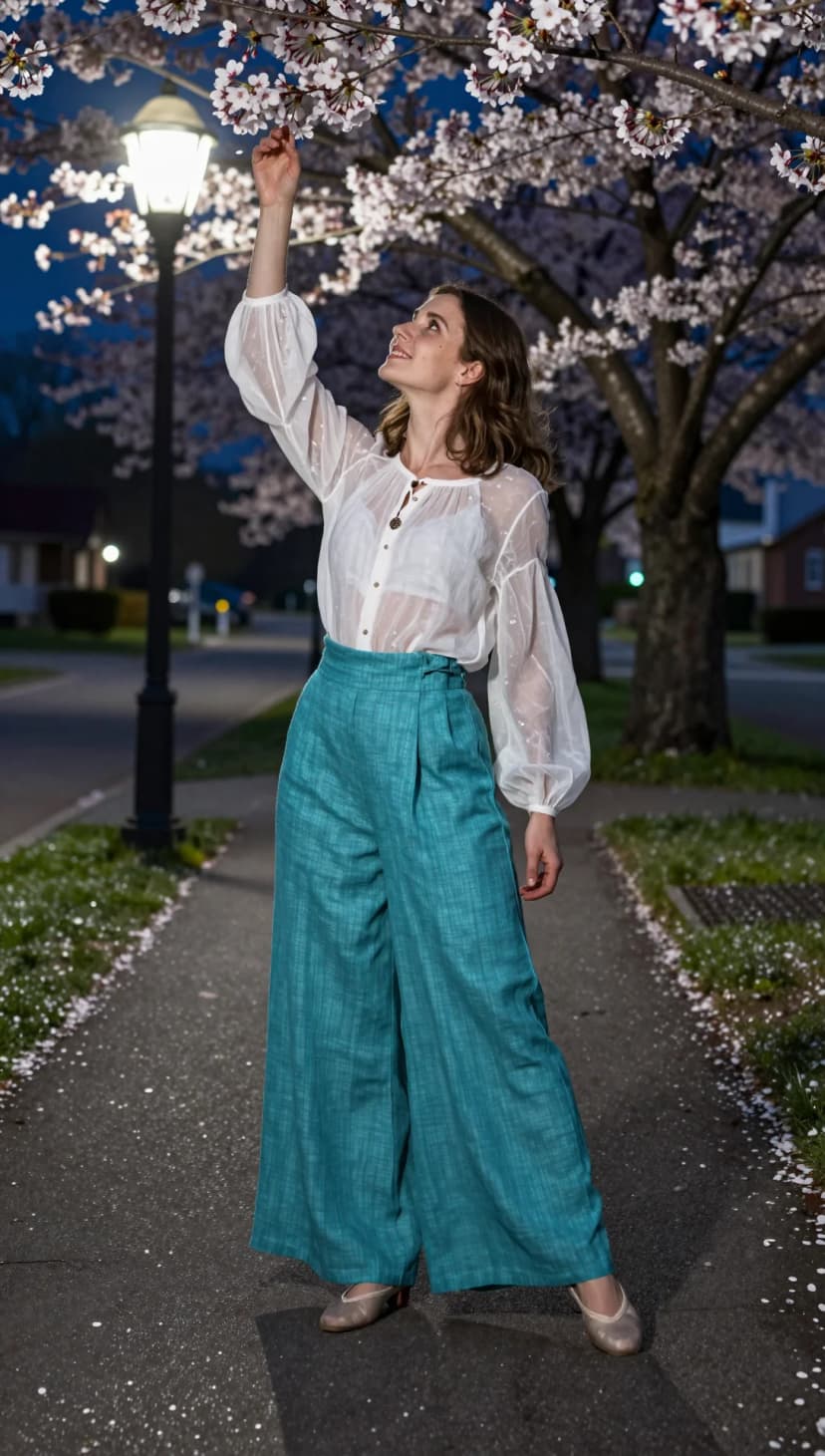 White Sheer Balloon Sleeve Blouse + Teal Wide-Leg Trousers + Taupe Ballet Flats
