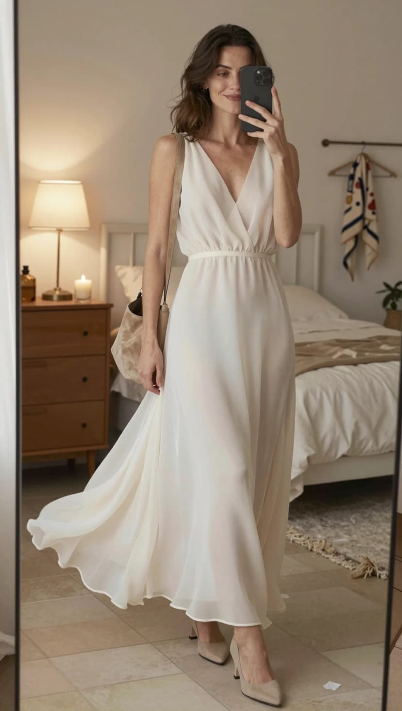 Cream Chiffon Halter Maxi Dress + Beige Suede Pumps + Beige Faux Fur Shoulder Bag