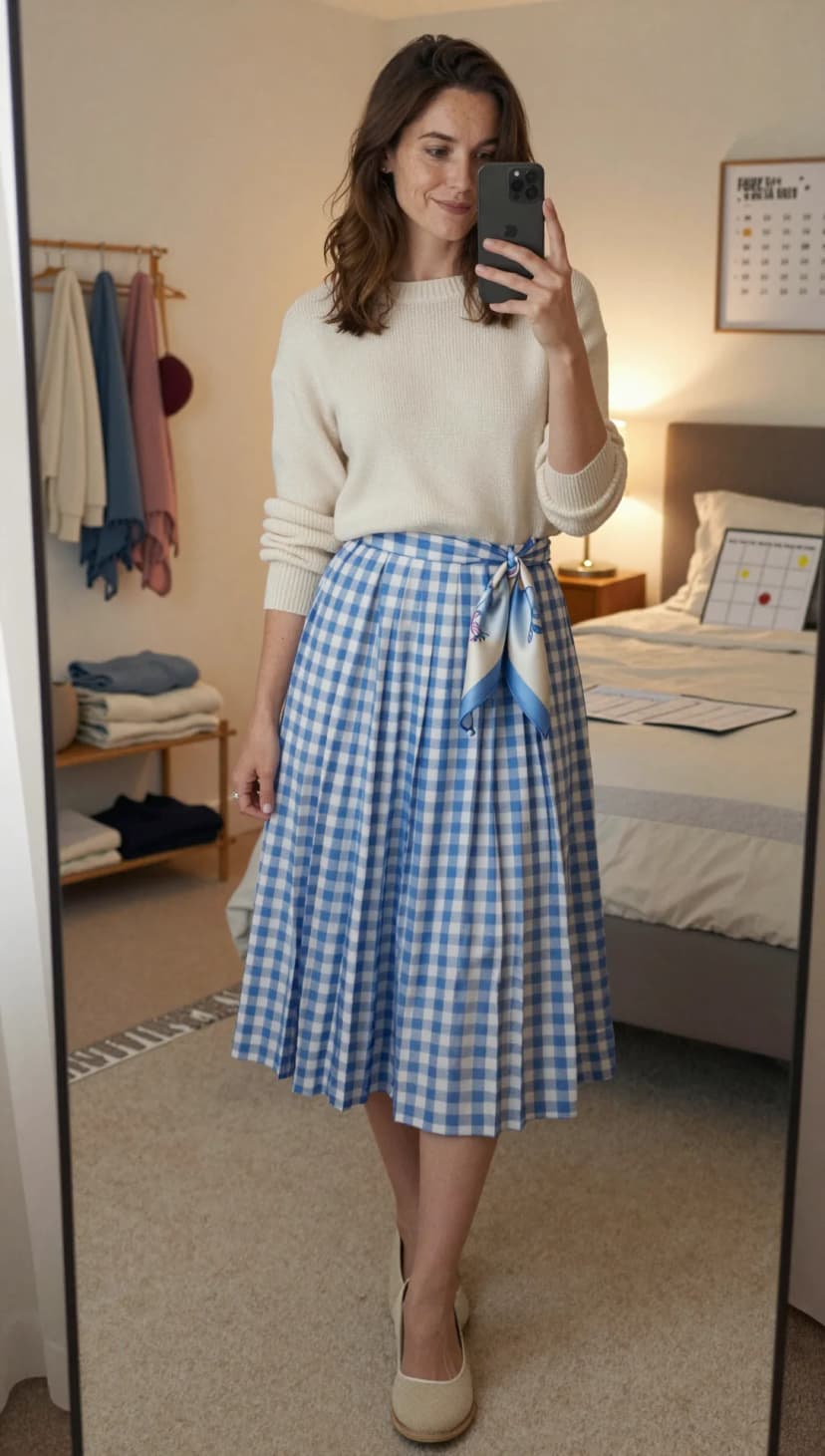 Cream Knit Sweater + Blue Gingham Pleated Midi Skirt + Tan Espadrille Flats