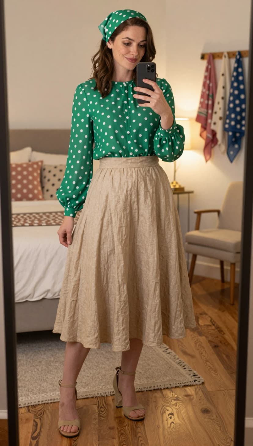 Green Polka Dot Button-Down Blouse + Beige Linen Midi Skirt + Nude Block Heel Sandals