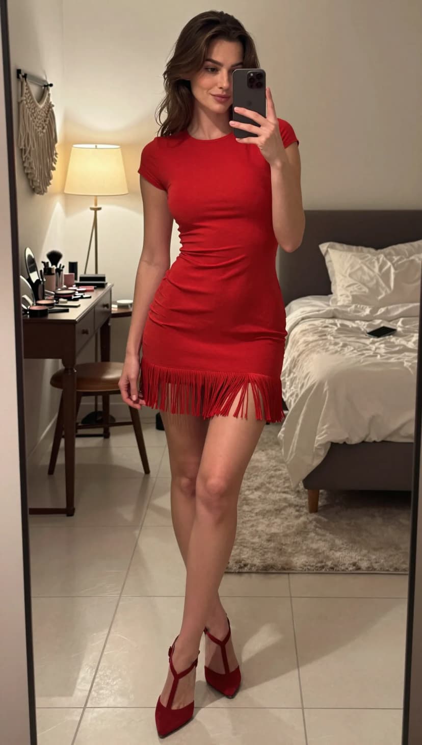 Red Jersey Fringe Mini Dress + Red Suede T-Strap Heels