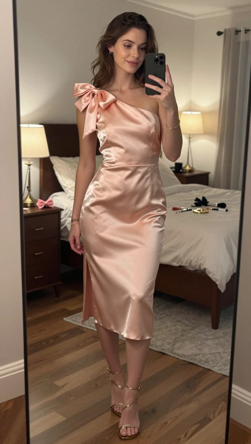 Pink Satin One-Shoulder Bow Dress + Gold Strappy Heels