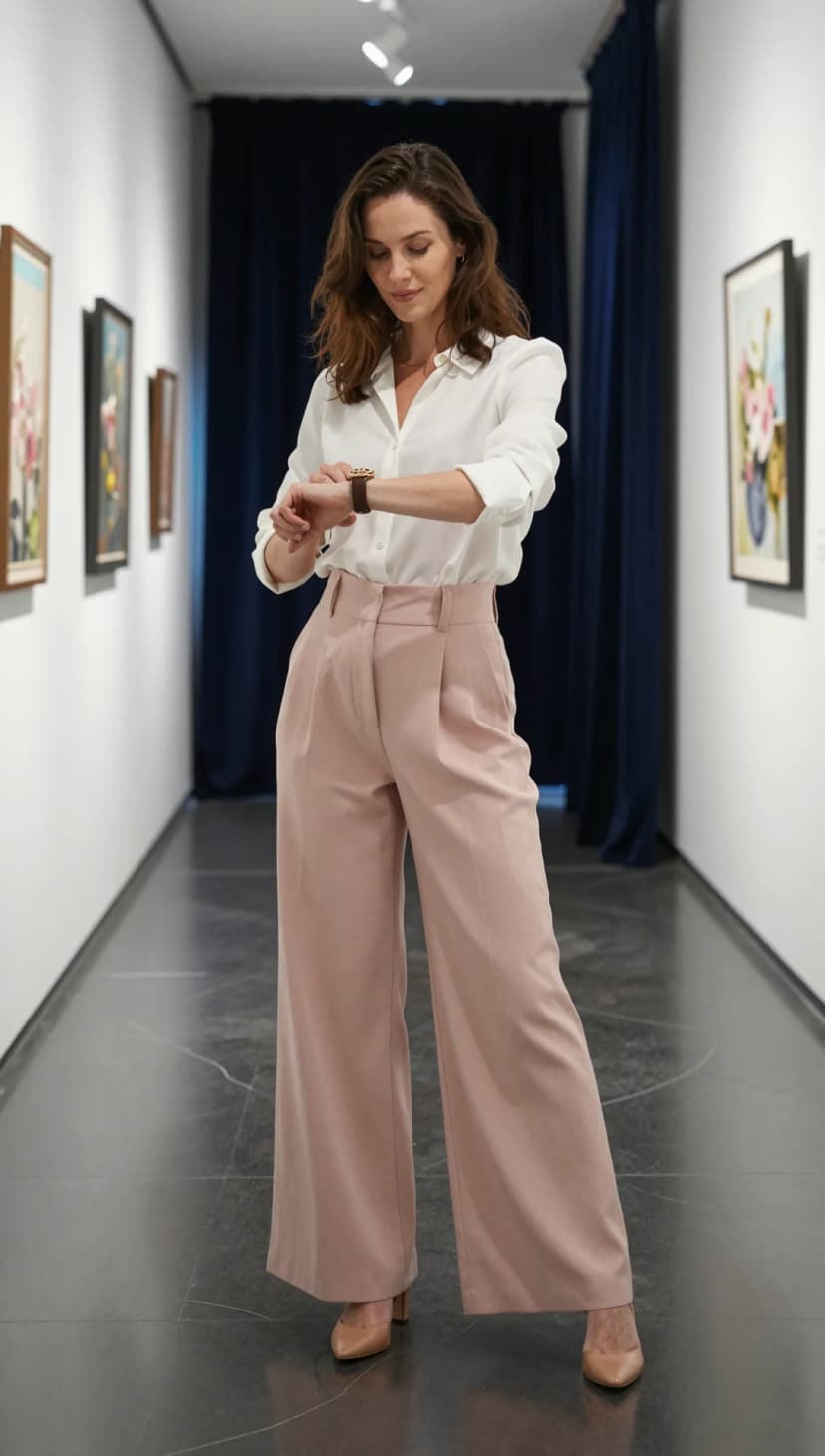 White Silk Blouse + Pink Wide-Leg Trousers + Tan Pointed-Toe Heels