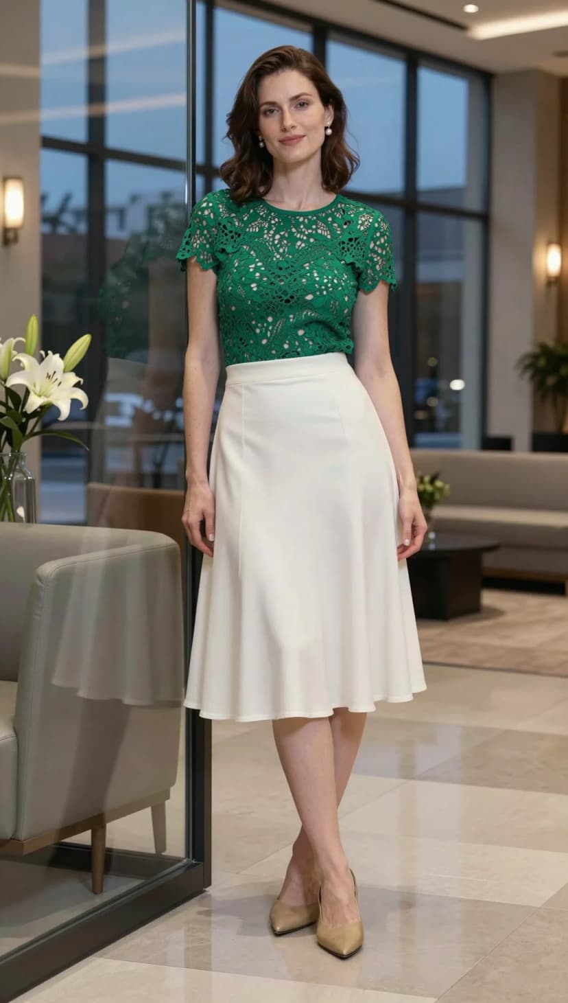 Green Crochet Top + White A-Line Midi Skirt + Tan Suede Pumps