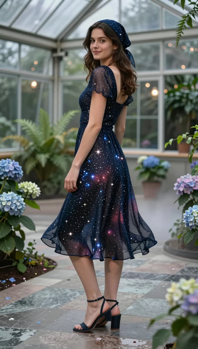 Navy Star Print Chiffon Dress + Navy Printed Scarf + Navy Block Heel Sandals