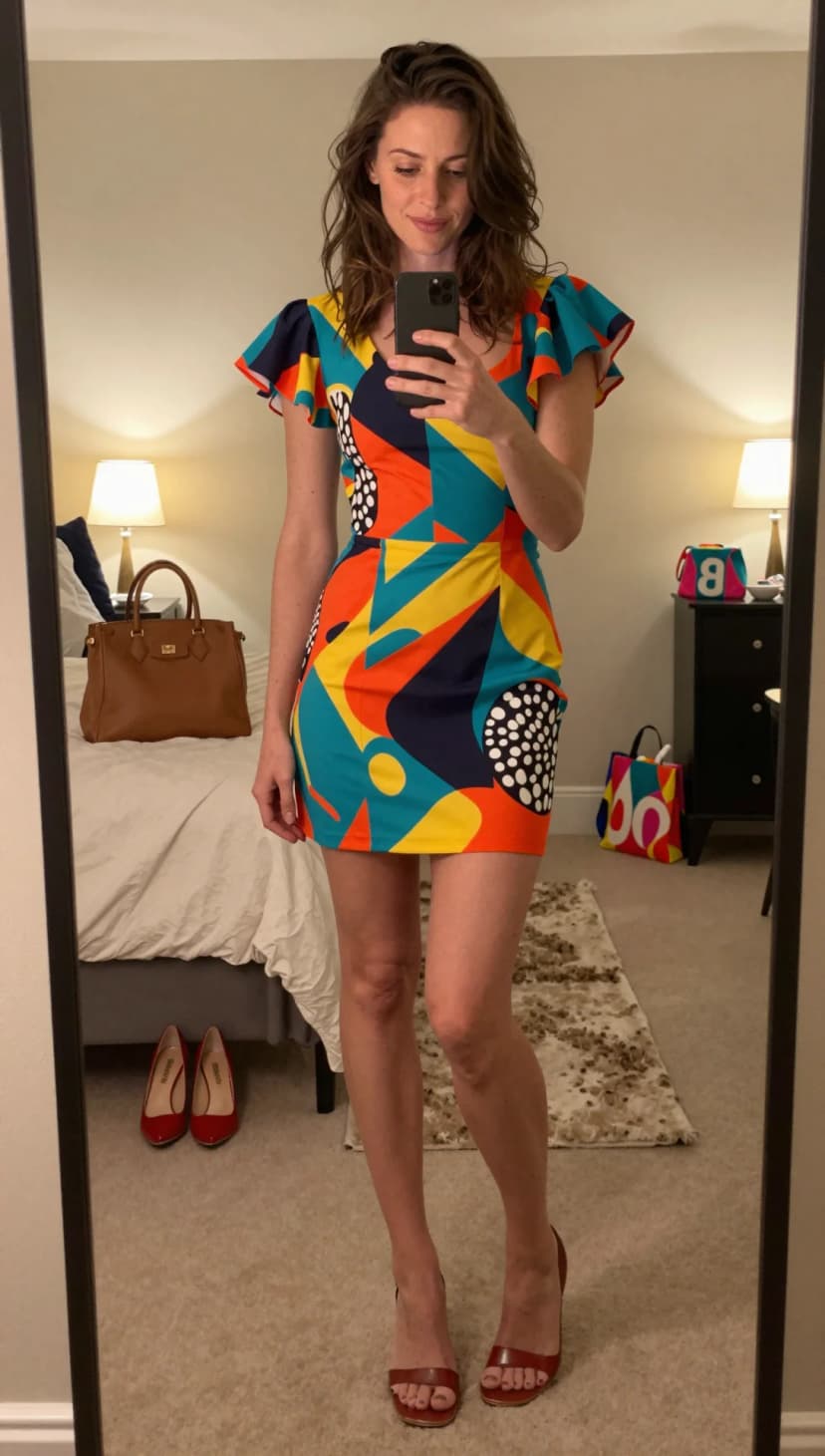 Multicolor Geometric Print Mini Dress + Red Strappy Heels