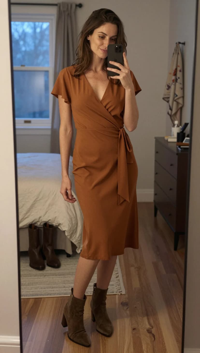 Brown Jersey Wrap Midi Dress + Taupe Suede Ankle Boots